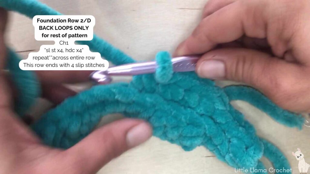 Foundation Row 2 Crochet Tutorial action shot with a 10 mm crochet hook and blue plush chunky chenille yarn