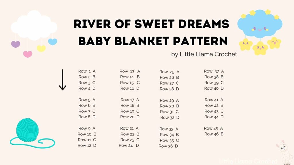 Page outlining the rest of the crochet pattern which is Rows A, B, C, D on repeat for 46 rows