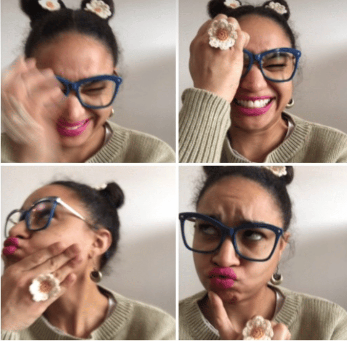 4 pictures in 2 by 2 rows feature Lulu from little llama crochet wearing Two Crochet Daisy Flower hair accessories in front of her space buns and a crochet daisy ring on her right hand. Each photo features a different emotional expression from a smile to a curious look, she is being silly overall. She is wearing a green sweater and blue glasses with pink lipstick.