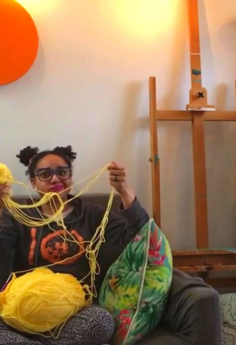 Lulu sits on a couch with a yellow one pound ball of yarn in her lap and I am holding up the largest yarn know I have ever seen in my life. I do not look impressed. I am wearing a grey sweatshirt and pj pants. There are pink and orange circles on the wall behind me and a cat tree the right of the photo with a grey sleeping cat on the upper level.