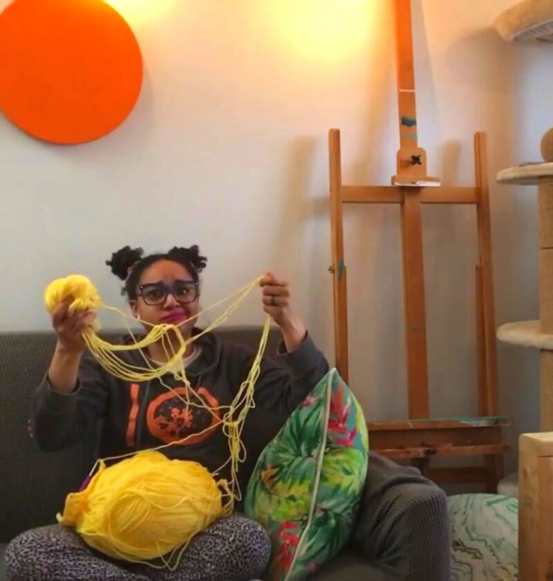 Lulu sits on a couch with a yellow one pound ball of yarn in her lap and I am holding up the largest yarn know I have ever seen in my life. I do not look impressed. I am wearing a grey sweatshirt and pj pants. There are pink and orange circles on the wall behind me and a cat tree the right of the photo with a grey sleeping cat on the upper level.